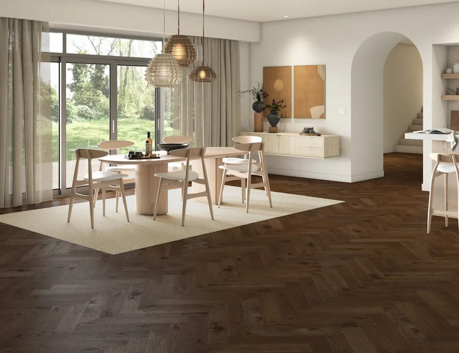 LM Flooring - Duet Herringbone & Plank 5 in Engineered Hardwood - Scarlett's Fire floor installation