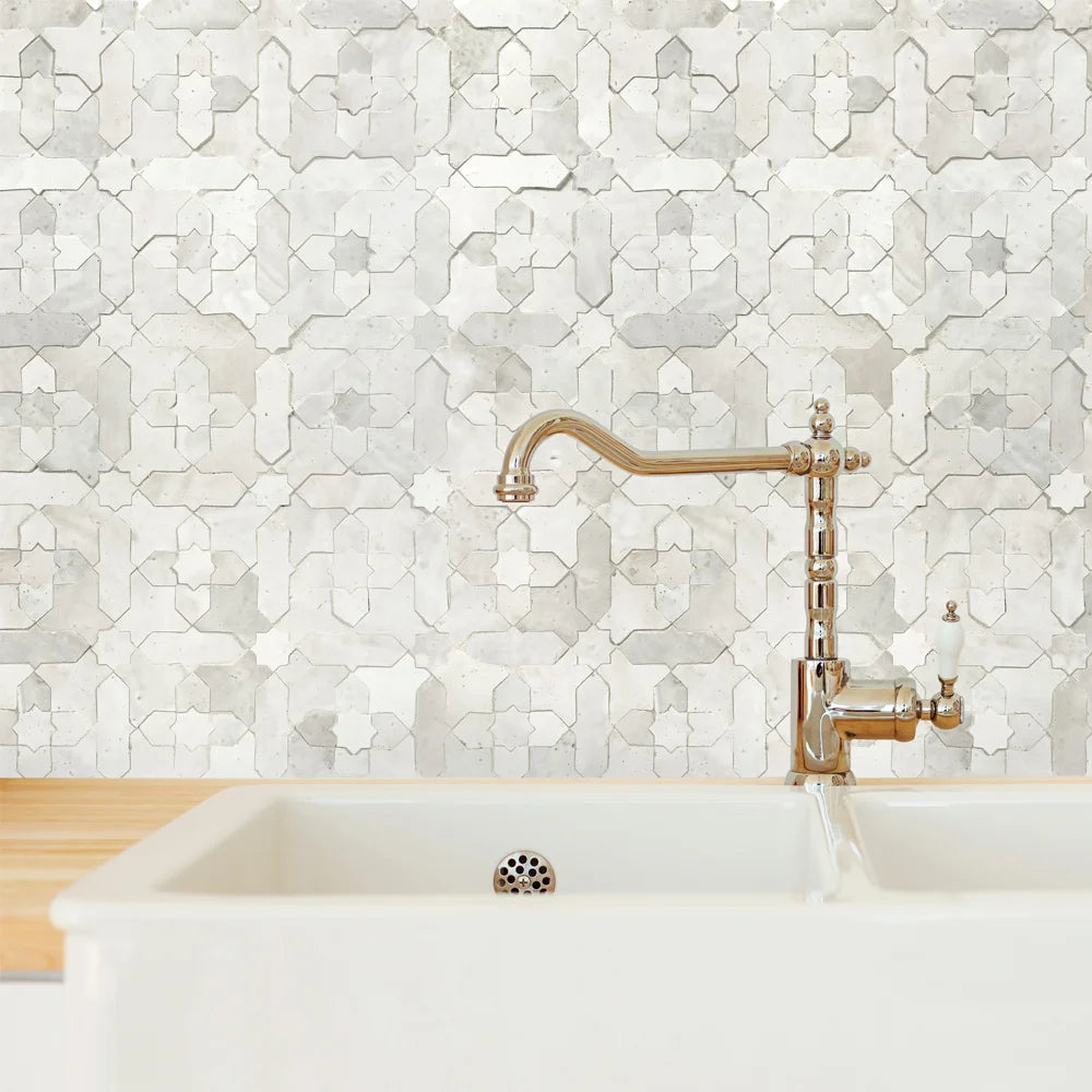 Lungarno - Zellige Classique Glazed Terracotta Mosaic - Atlas White Starburst Installed