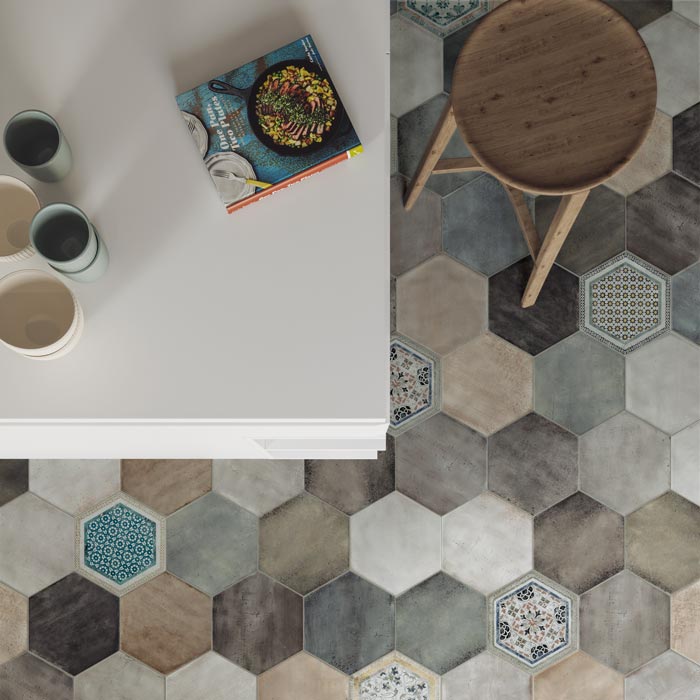 Tesoro - Fuoritono Collection - 9.25 in. x 10.75 in. Hexagon Porcelain Matte Tile - Grigio Room Scene 2