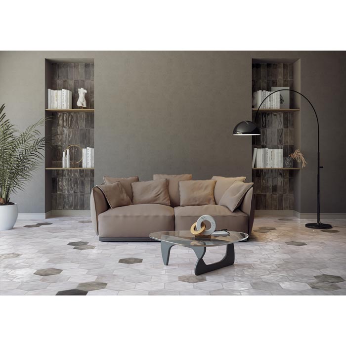 Tesoro - Fuoritono Collection - 9.25 in. x 10.75 in. Hexagon Porcelain Matte Tile - Muschio Room Scene