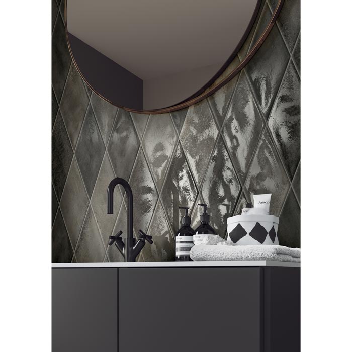 Tesoro - Fuoritono Collection - 5.25 in. x 9.25 in. Rhomboid Porcelain Glossy Tile - Muschio Wall Install