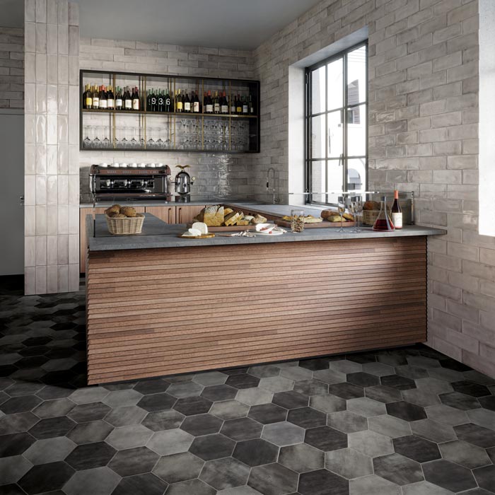 Tesoro - Fuoritono Collection - 9.25 in. x 10.75 in. Hexagon Porcelain Matte Tile - Nero Room scene