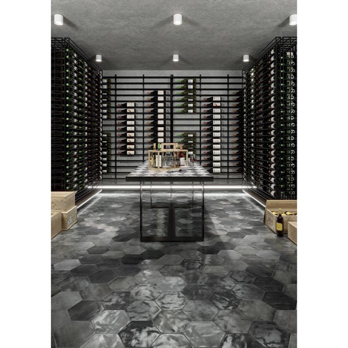Tesoro - Fuoritono Collection - 9.25 in. x 10.75 in. Hexagon Porcelain Glossy Tile - Nero Room Scene