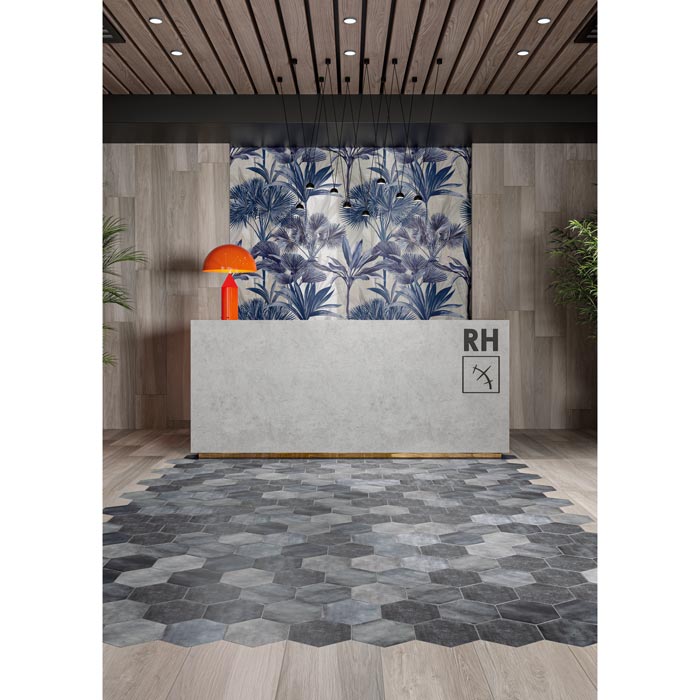 Tesoro - Fuoritono Collection - 9.25 in. x 10.75 in. Hexagon Porcelain Matte Tile - Petrolio Room Scene