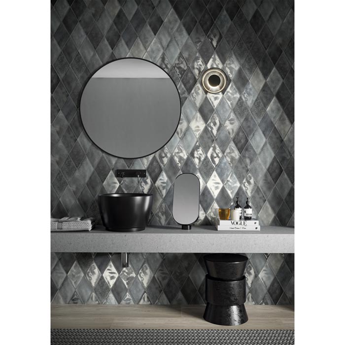 Tesoro - Fuoritono Collection - 5.25 in. x 9.25 in. Rhomboid Porcelain Glossy Tile - Petrolio Installed
