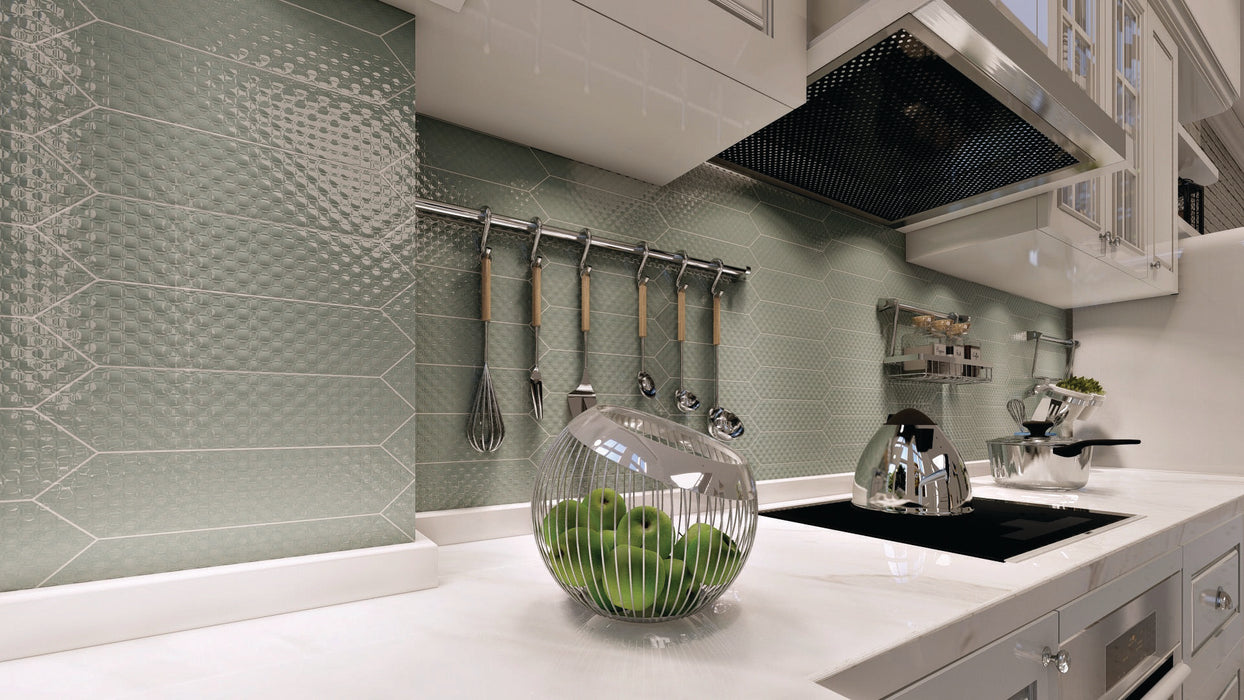 Tesoro - Marrow Collection - 3 in. x 12 in. Glossy Ceramic Wall Tile - Seafoam Deco Installed
