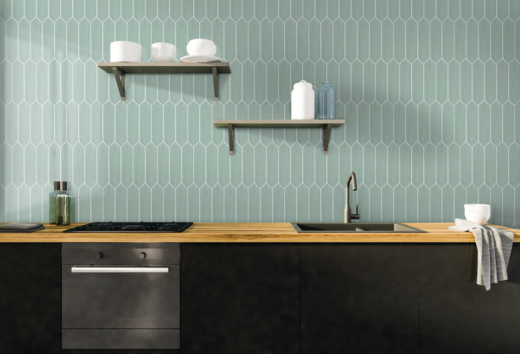 Tesoro - Marrow Collection - 3 in. x 12 in. Glossy Ceramic Wall Tile - Seafoam Installed