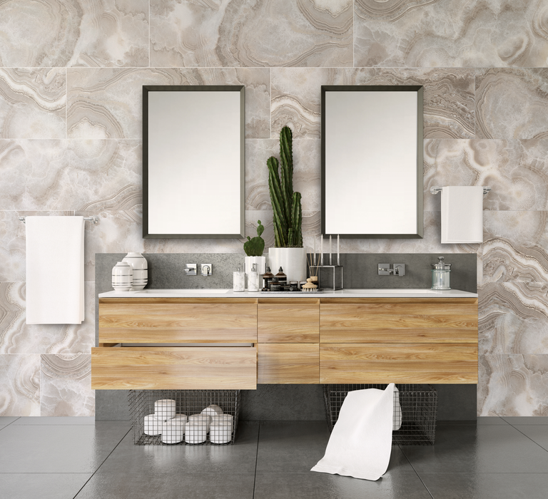 Tesoro - Agatha Collection - 12 in. x 36 in. Ceramic Wall Tile - Cream Glossy Installed