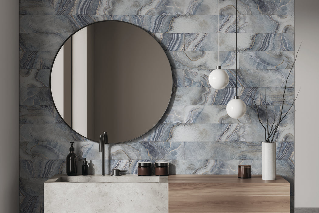 Tesoro - Agatha Collection - 4 in. x 24 in. Ceramic Wall Tile - Blue Glossy Installed