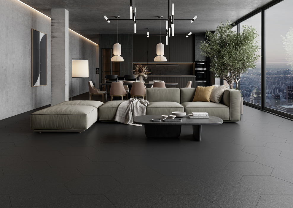 Tesoro - Argos Collection - 19 in. x 22 in. Hex Porcelain Tile - Black Installed