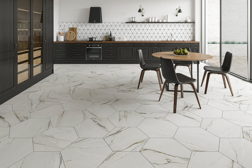 Tesoro - Argos Collection - 19 in. x 22 in. Hex Porcelain Tile - Thassos Gold Installed