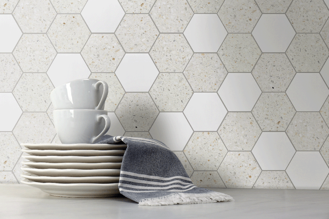 Tesoro - Venice Series - 3 in. Stone Mosaic - Hexagon Sand Terrazzo and Dolomite Installed