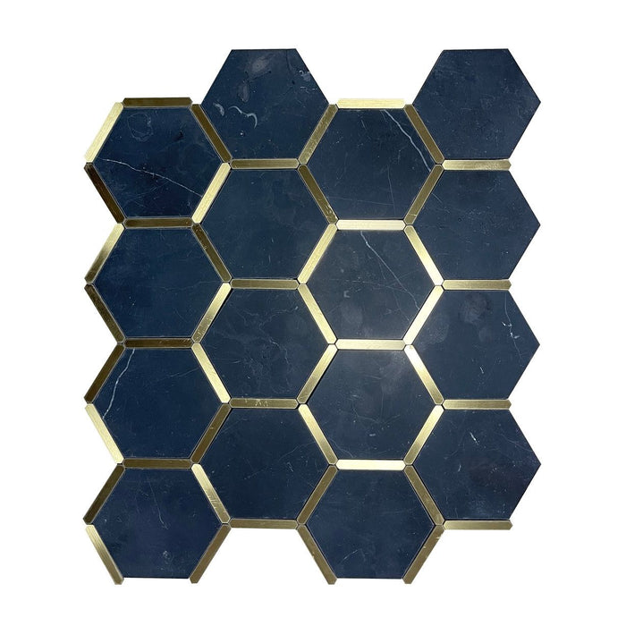 Rickert Tile - Nero Marquina Hex Honed with Gold Hex Marble Mosaic