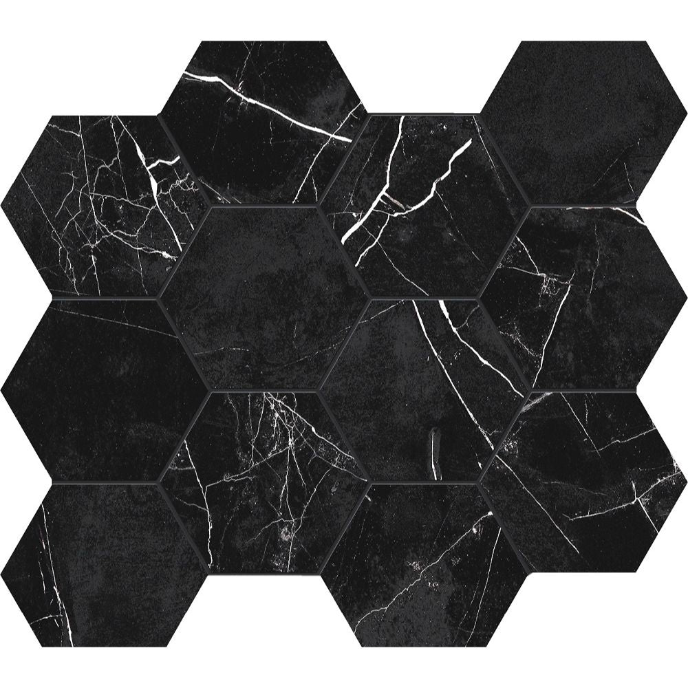 Rickert Tile - Muse 2.0 4&quot; Hex Porcelain Mosaic - Nero Marquinia