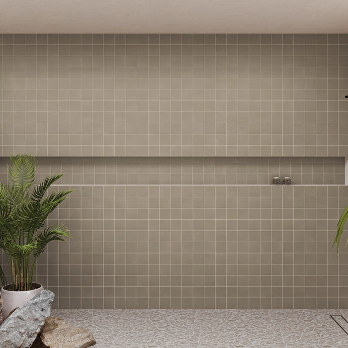 Bedrosians Tile & Stone - Sahara 4" x 4" Matte Porcelain Mosaic Tile - Taupe Room Scene