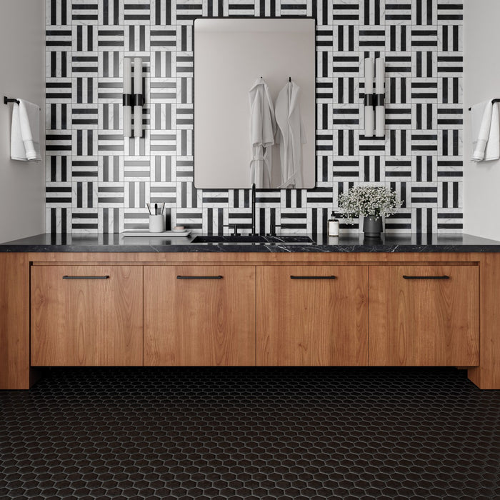 Bedrosians - Matisse Mosaic 2 Marble Blend - White Carrara & Nero Marquina Room Scene