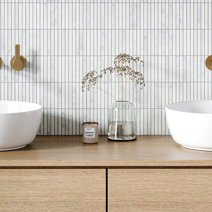 Bedrosians - Monet Honed Marble Mosaic 3 Tile - White Carrara Wall Install