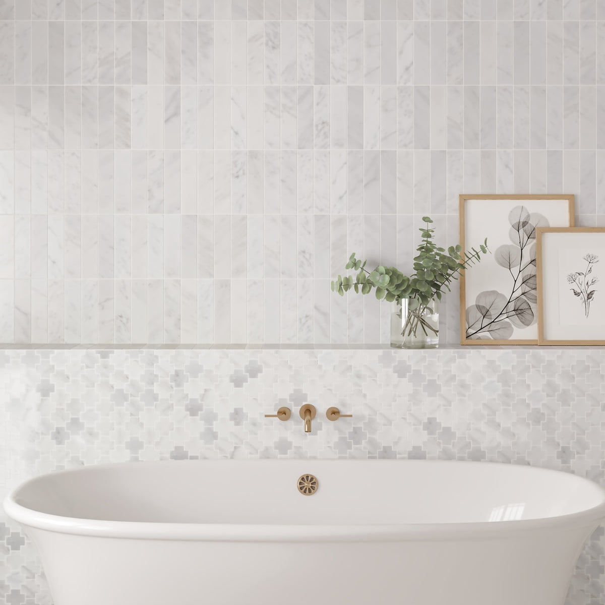Bedrosians - Monet Honed Marble Mosaic 4 Tile - Oriental White Installeed