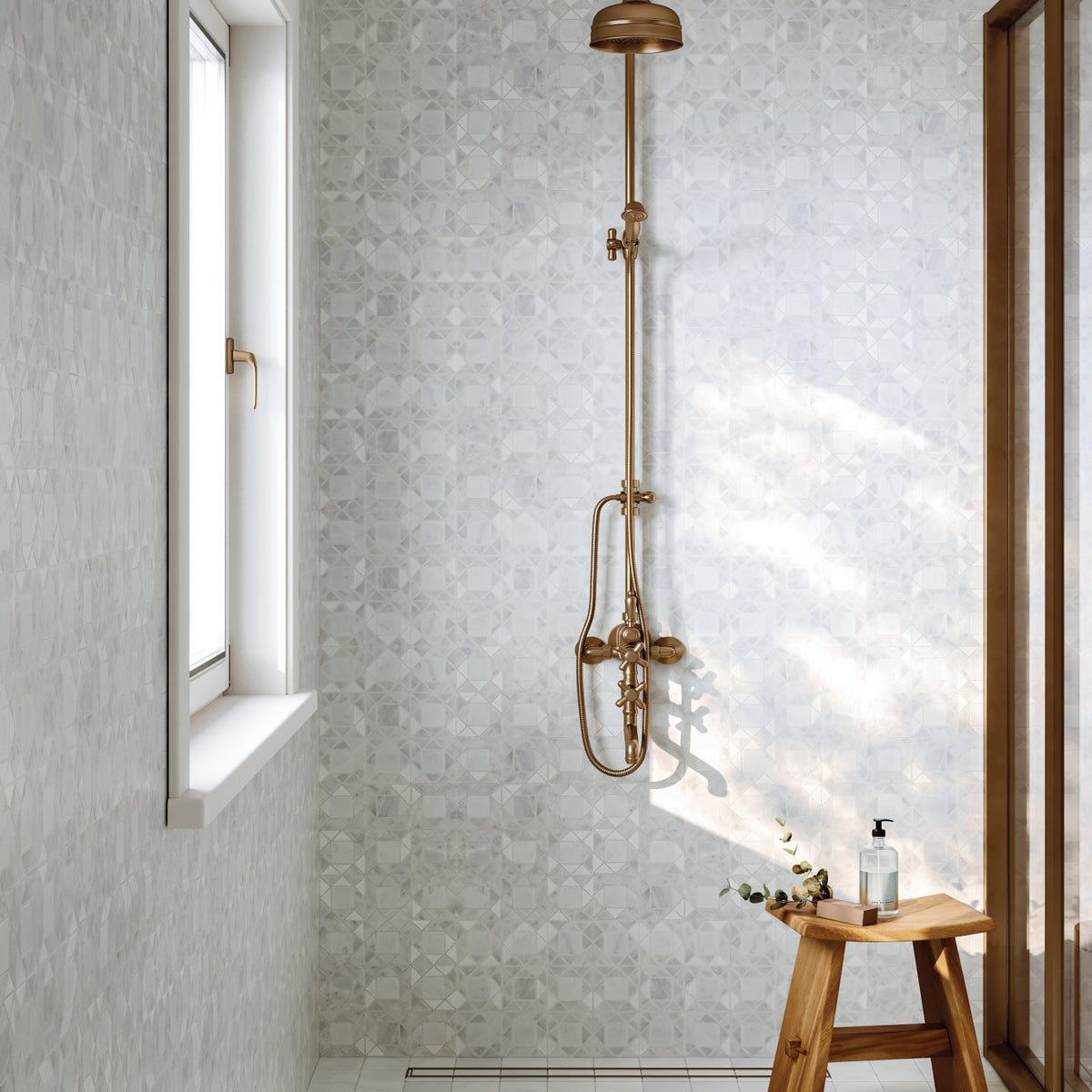 Bedrosians - Monet Honed Marble Mosaic 2 Tile - Oriental White Shower Install