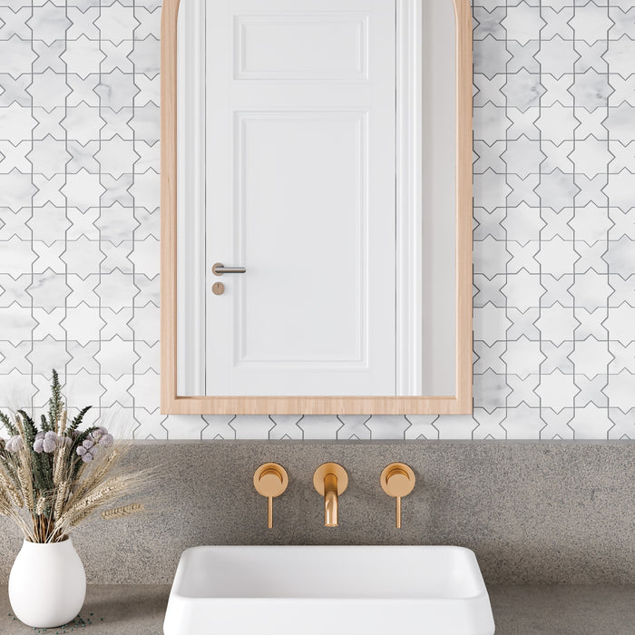 Bedrosians - Monet Honed Marble Mosaic 4 Tile - White Carrara Room Scene