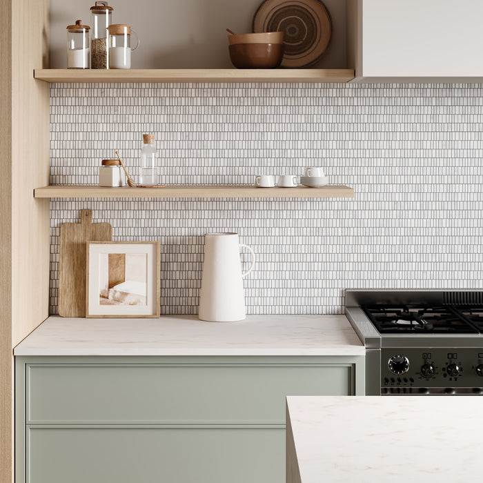 Bedrosians - Monet Honed Marble Mosaic 7 Tile - Oriental White Wall Install