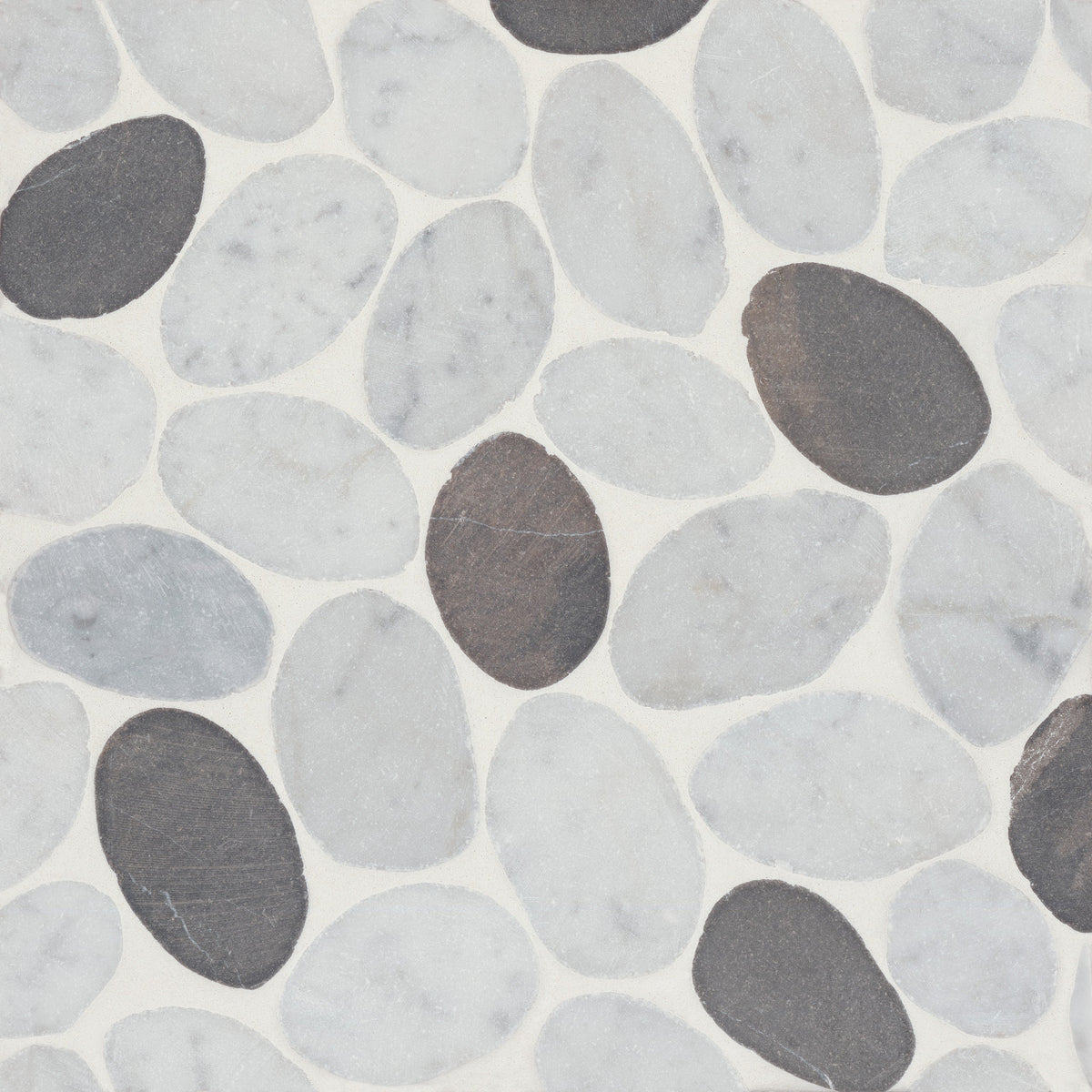 Bedrosians Tile &amp; Stone - Waterbrook 12&quot; x 12&quot; Jumbo Sliced Pebble Mosaic Tile - White Carrara and Dark Grey