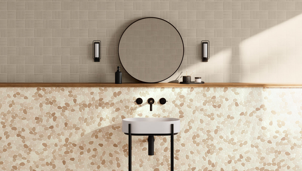 Bedrosians Tile &amp; Stone - Waterbrook 12&quot; x 12&quot; Jumbo Sliced Pebble Mosaic Tile - White and Tan Instaled