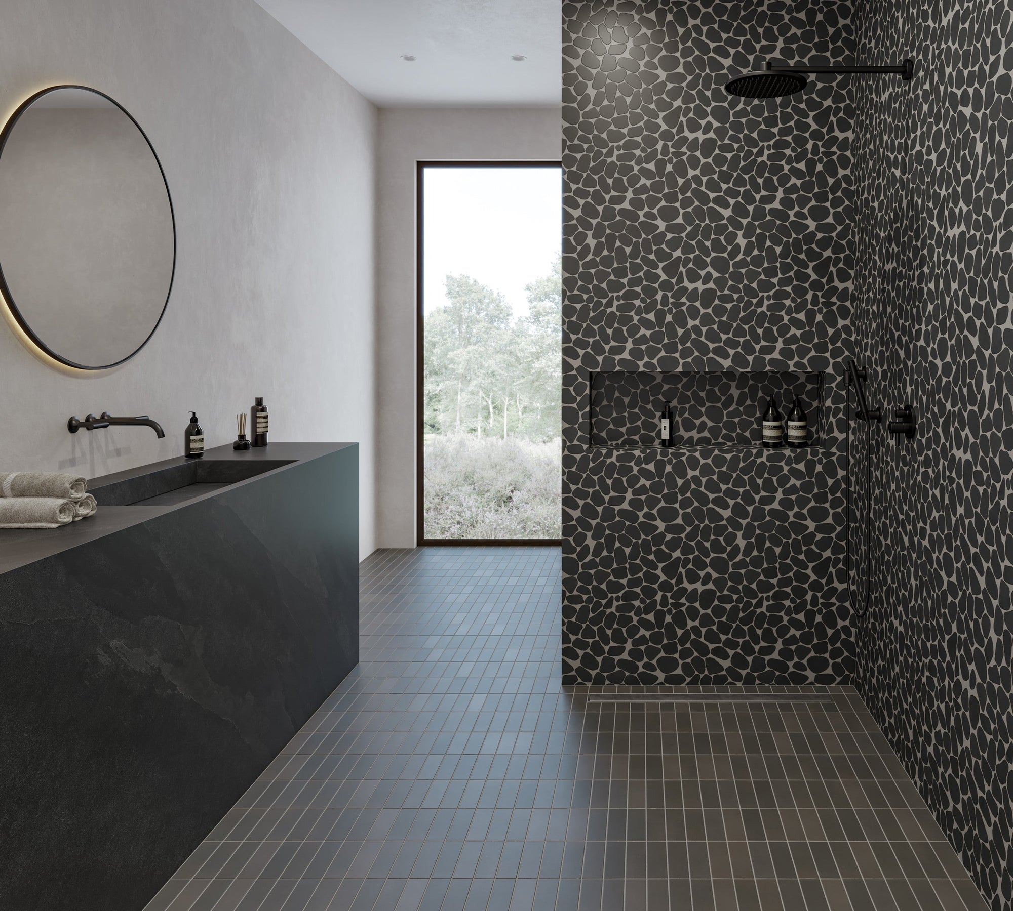 Bedrosians Tile & Stone - Waterbrook 12" x 12" Jumbo Sliced Pebble Mosaic Tile - Super Black