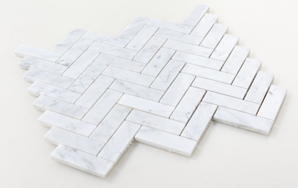 Elysium - Chevron Long Carrara 11 in. x 12.5 in. Marble Mosaic