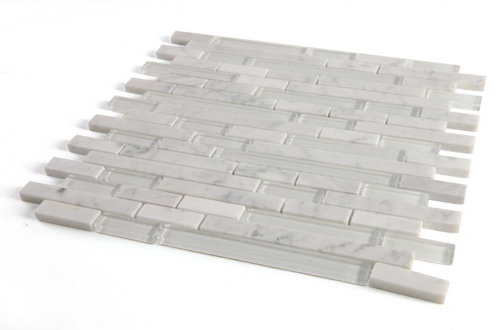 Elysium - Linear Carrara White 11.75 in. x 12 in. Glass and Marble Mosaic