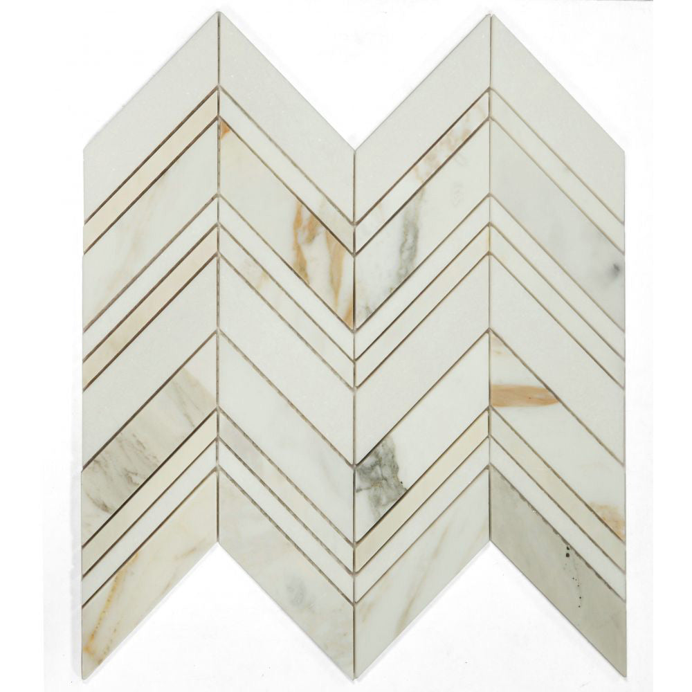 Elysium - Chevron 11.75 in. x 12.25 in. Marble Mosaic - Ravenna Calacatta