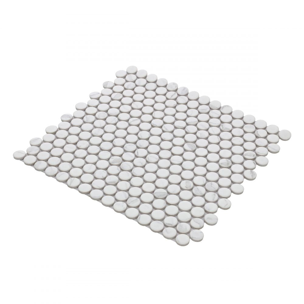 Elysium - Penny Round 11.5 in. x 12.25 in. Porcelain Mosaic - Statuario Matte