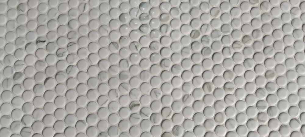 Elysium - Penny Round 11.5 in. x 12.25 in. Porcelain Mosaic - Statuario Glossy w/ grout