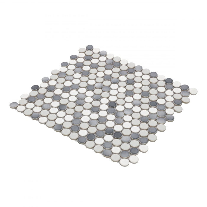 Elysium - Penny Round 11.5 in. x 12.25 in. Porcelain Mosaic - Mixed Grey Glossy