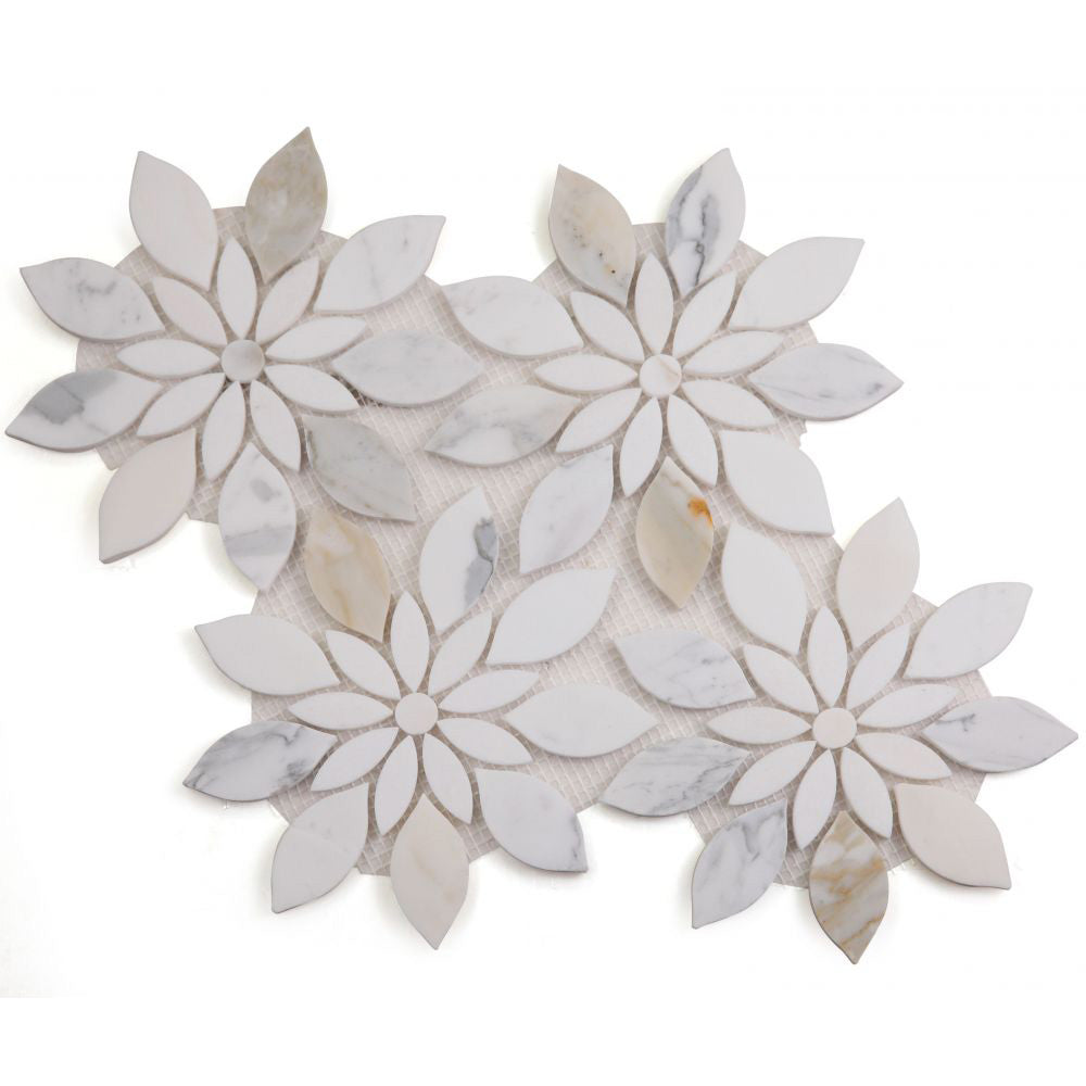 Elysium - Daisy Bloom Calacatta 11.75 in. x 13.25 in. Glass and Stone Mosaic