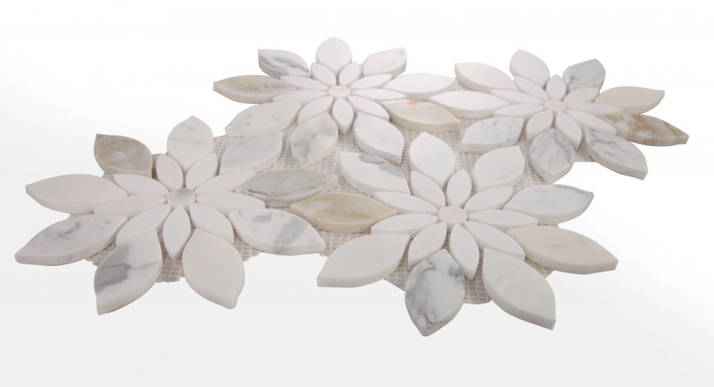 Elysium - Daisy Bloom Calacatta 11.75 in. x 13.25 in. Glass and Stone Mosaic