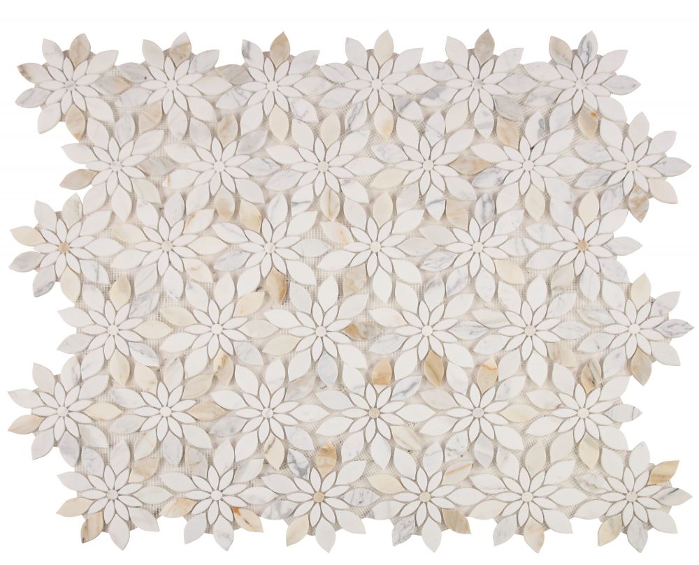 Elysium - Daisy Bloom Calacatta 11.75 in. x 13.25 in. Glass and Stone Mosaic
