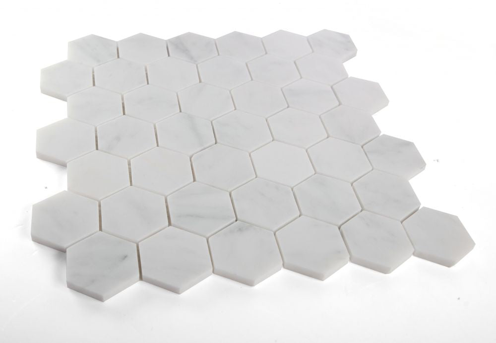 Elysium - Hexagon 2&quot; x 2&quot; Marble Mosaic - Snow White Honed