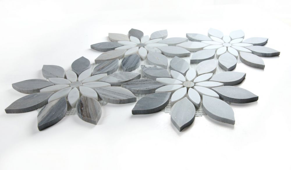 Elysium - Daisy Bloom Blue 11.75 in. x 13.25 in. Glass and Stone Mosaic