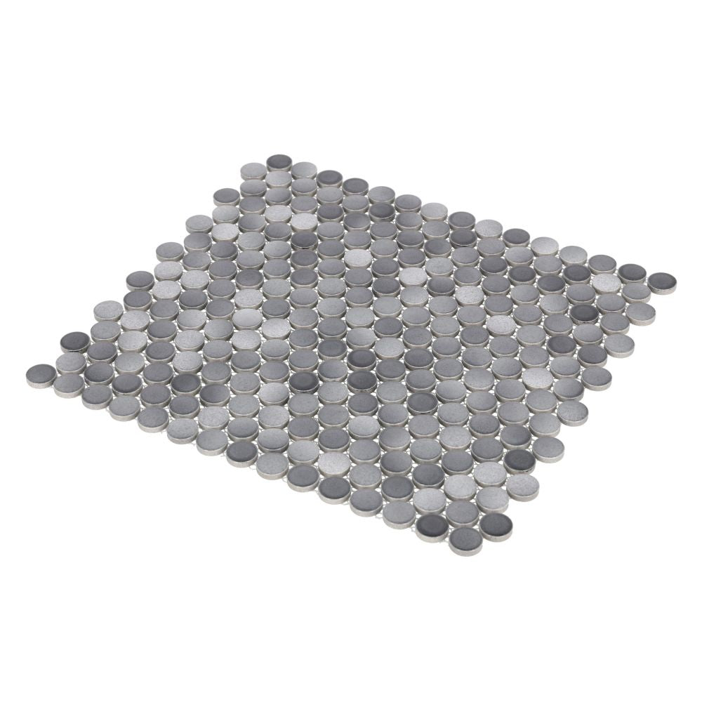 Elysium - Penny Round 11.5 in. x 12.25 in. Porcelain Mosaic - Fancy Grey