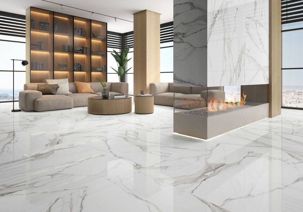 Elysium - Calacatta Fantasy 48 in. x 48 in. Porcelain Tile - Topo floor and wall installation