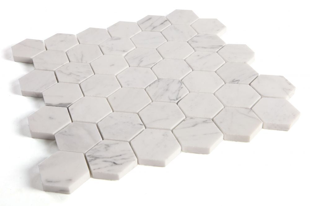 Elysium - Hexagon 2&quot; x 2&quot; Marble Mosaic - Calacatta White Honed