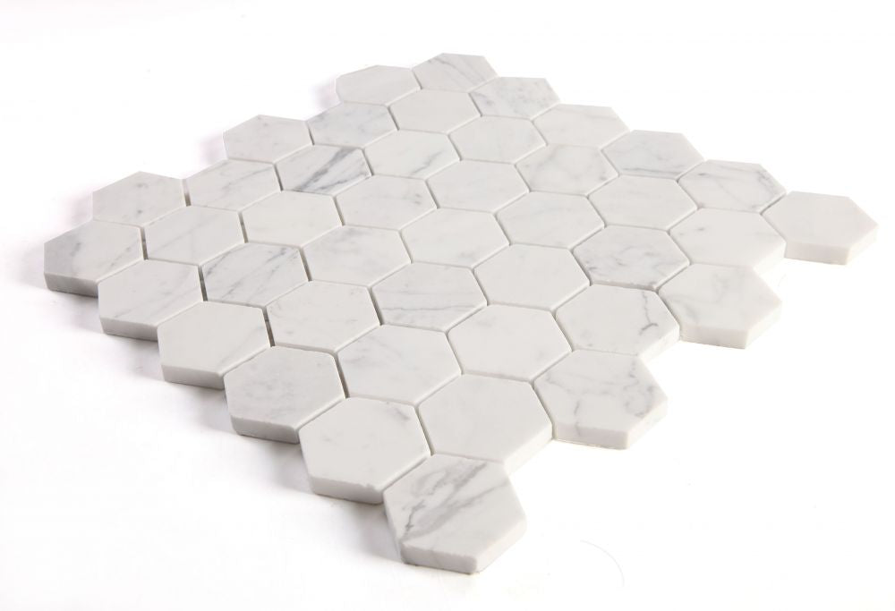 Elysium - Hexagon 2&quot; x 2&quot; Marble Mosaic - Calacatta White Polished