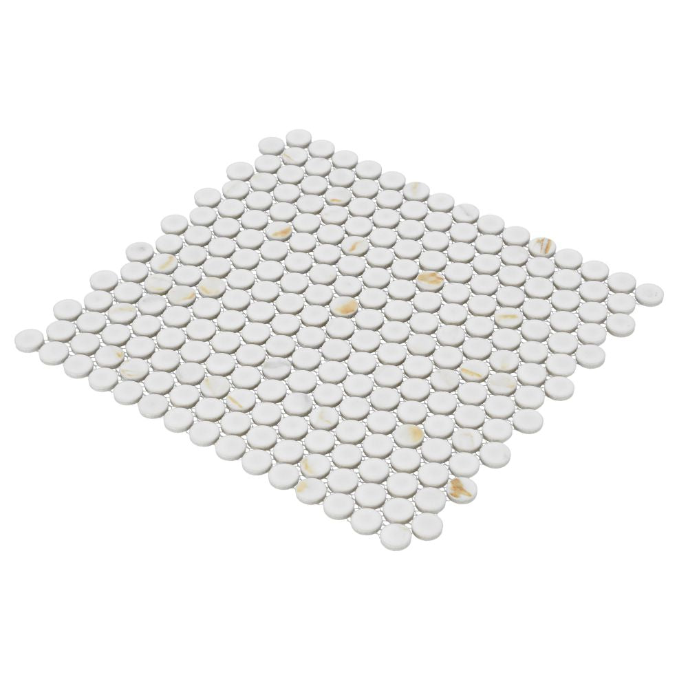 Elysium - Penny Round 11.5 in. x 12.25 in. Porcelain Mosaic - Calacatta Matte