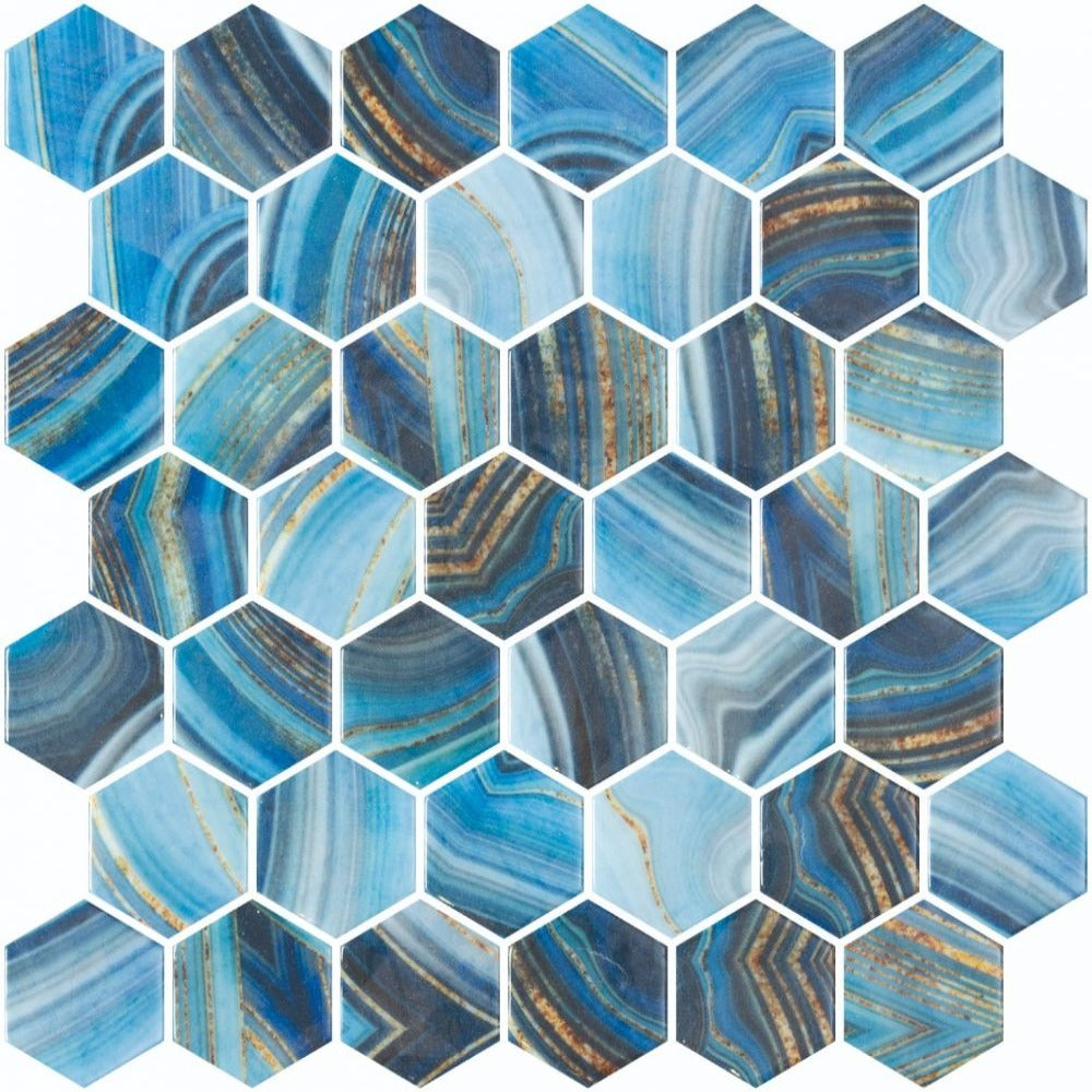 Elysium - Vanguard 11.25 in. x 11.25 in. Glass Mosaic - Hex XL - Onyx Blue