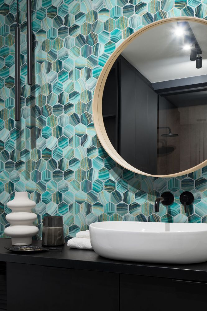 Elysium - Vanguard 11.25 in. x 11.25 in. Glass Mosaic - Hex XL - Onyx Teal wall installation
