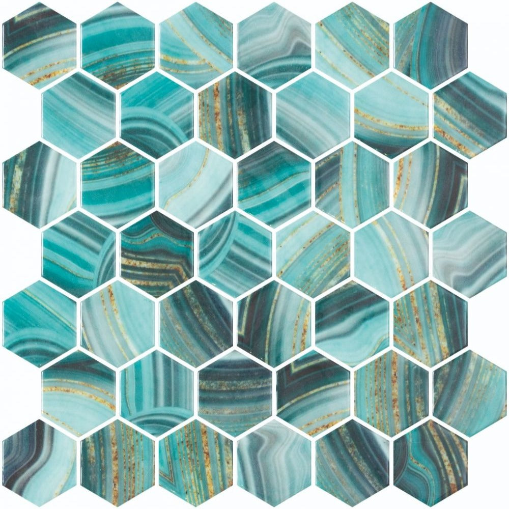 Elysium - Vanguard 11.25 in. x 11.25 in. Glass Mosaic - Hex XL - Onyx Teal