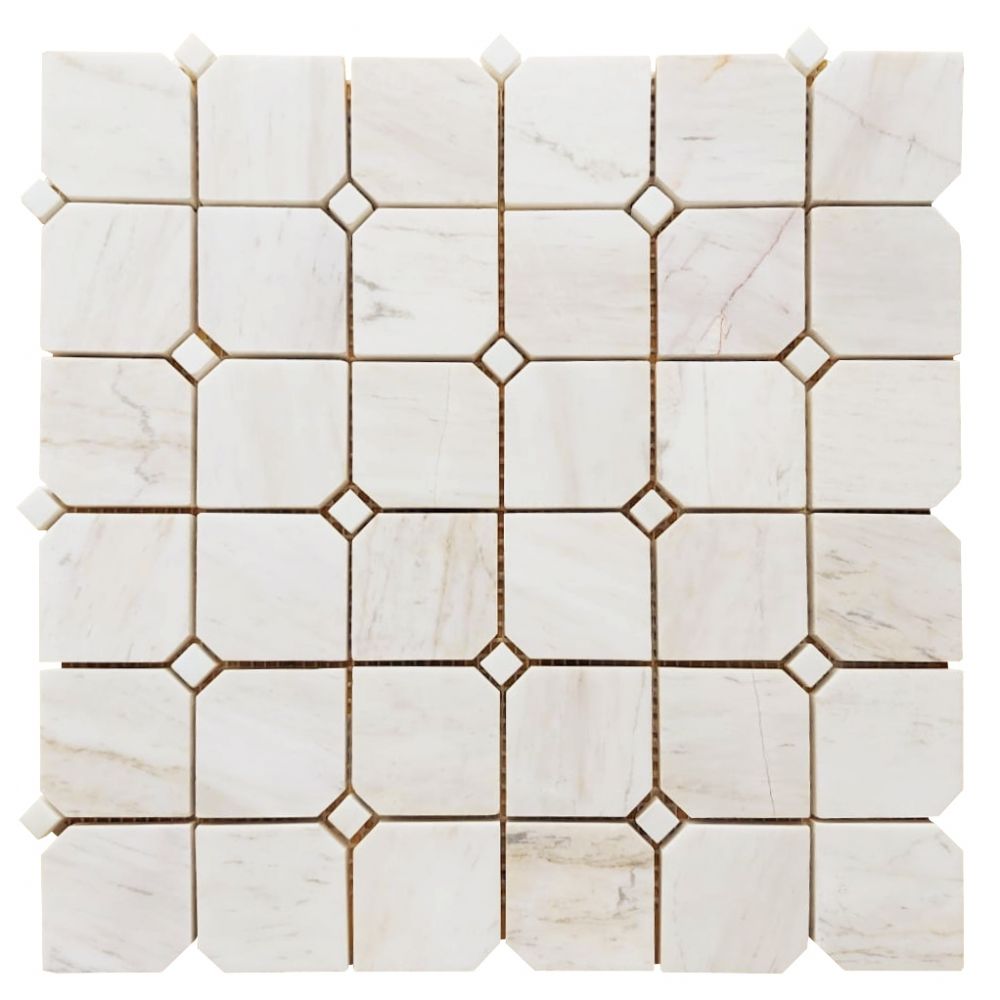 Elysium - Clipped Marble Squares Mosaic - Wooden White Honed