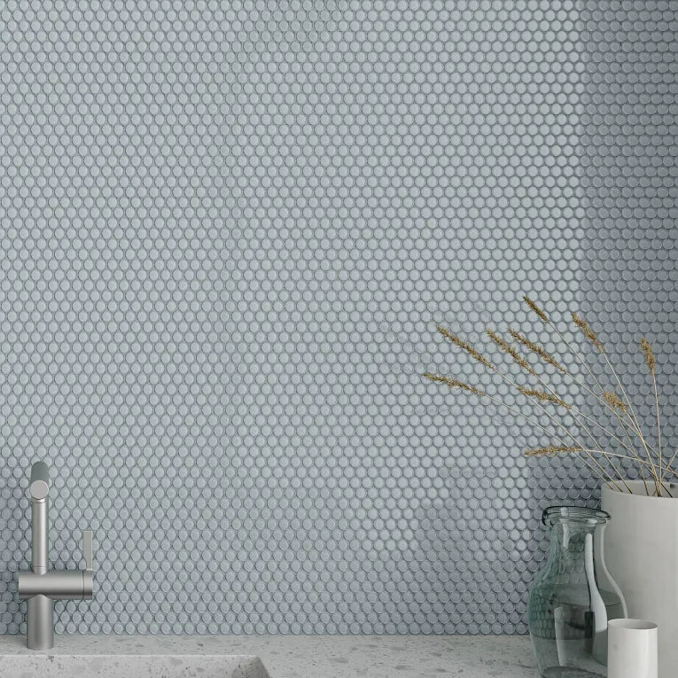 Arizona Tile - S-Series - Porcelain Penny Round Mosaic - Glossy Cloud Blue wall installation