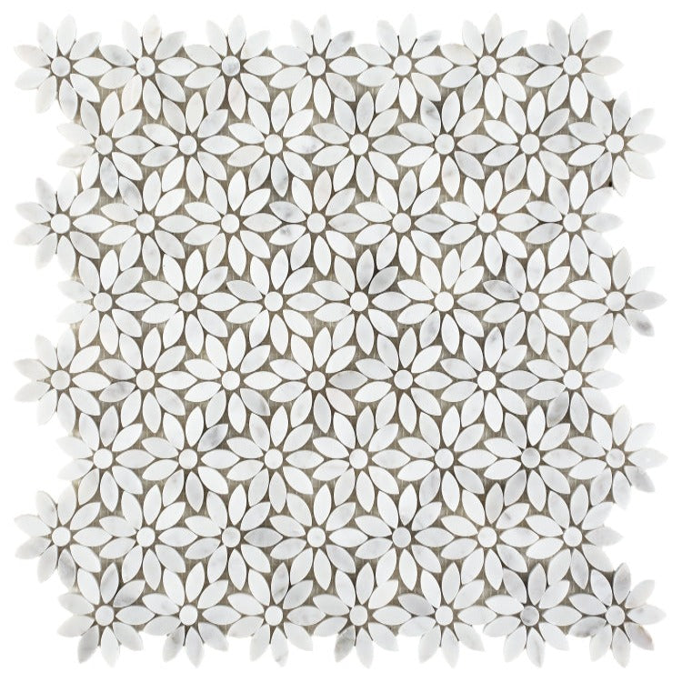 Elysium - Daisy Wild Carrara 12.5 in. x 12.75 in. Glass and Stone Mosaic